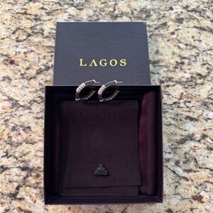 Lagos black ceramic and diamond hoop earrings